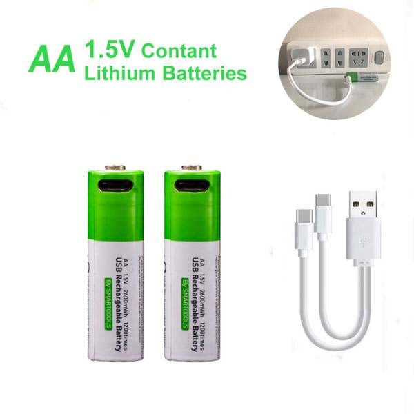 AA Size 2600mWh Rechargeable Lithium Battery 2 Pcs with USB Type-C Charging