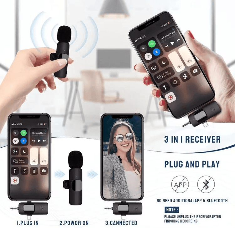 K15 3-in-1 Wireless Lavalier Microphone for iPhone Android and Camera with Lightning USB-C and 3.5mm Compatibility