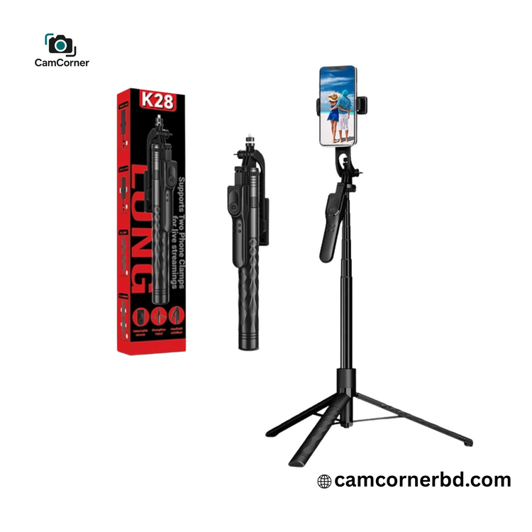 K28 Long Selfie Stick with Tripod Stand and Bluetooth Remote Control